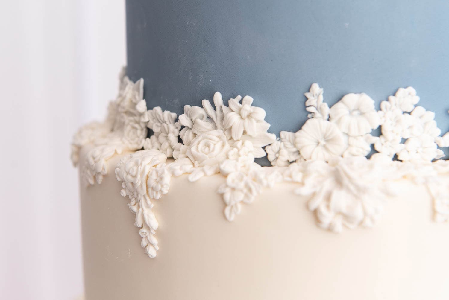 A close-up of a two-tier cake with a blue top tier and a white bottom tier, decorated with white fondant floral designs around the base of the blue tier.
