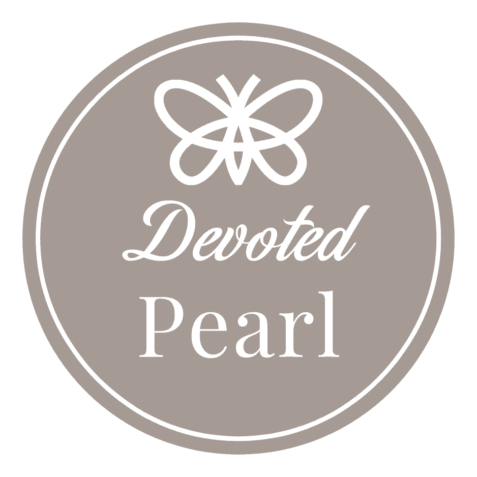 A circular logo with a white abstract butterfly above the words "Devoted Pearl" on a gray-green background.